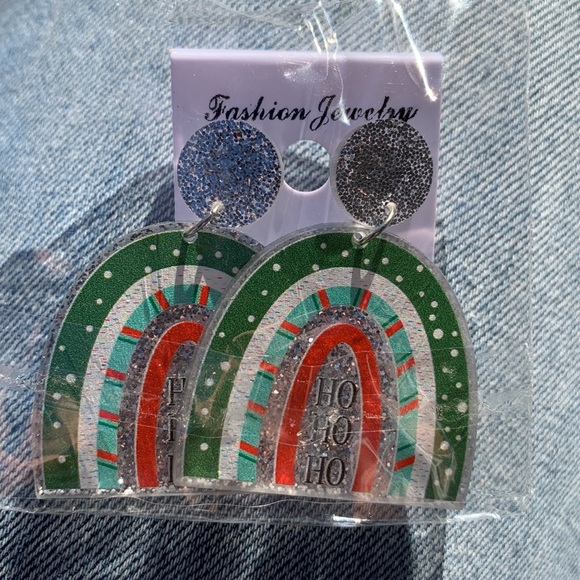 Ho Ho Ho Green, Red and Silver Sparkle Earrings - Picture 2 of 2